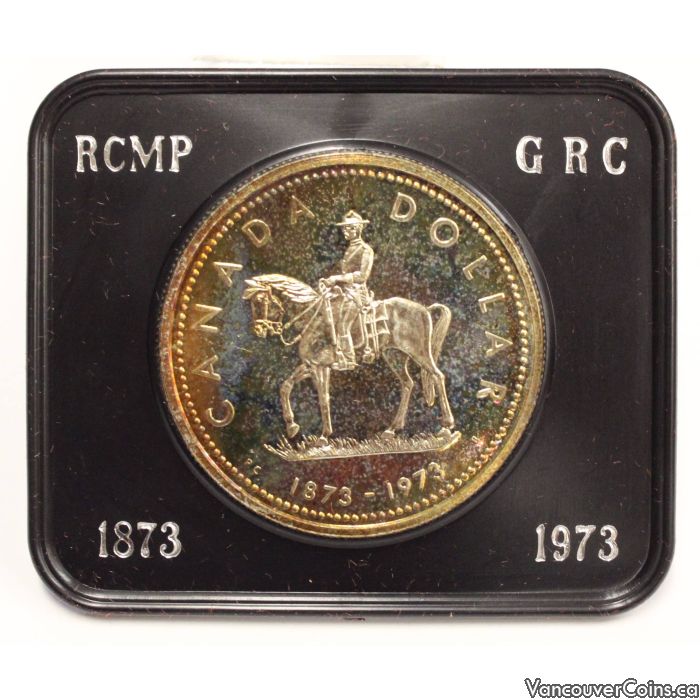 1973 Canadian RCMP Centennial $1 Specimen Silver Dollar Coin detail of mounted police design