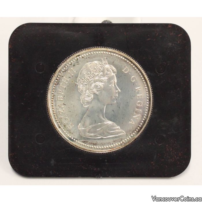 1973 Canadian RCMP Centennial $1 Specimen Silver Dollar Coin obverse side with Queen Elizabeth II